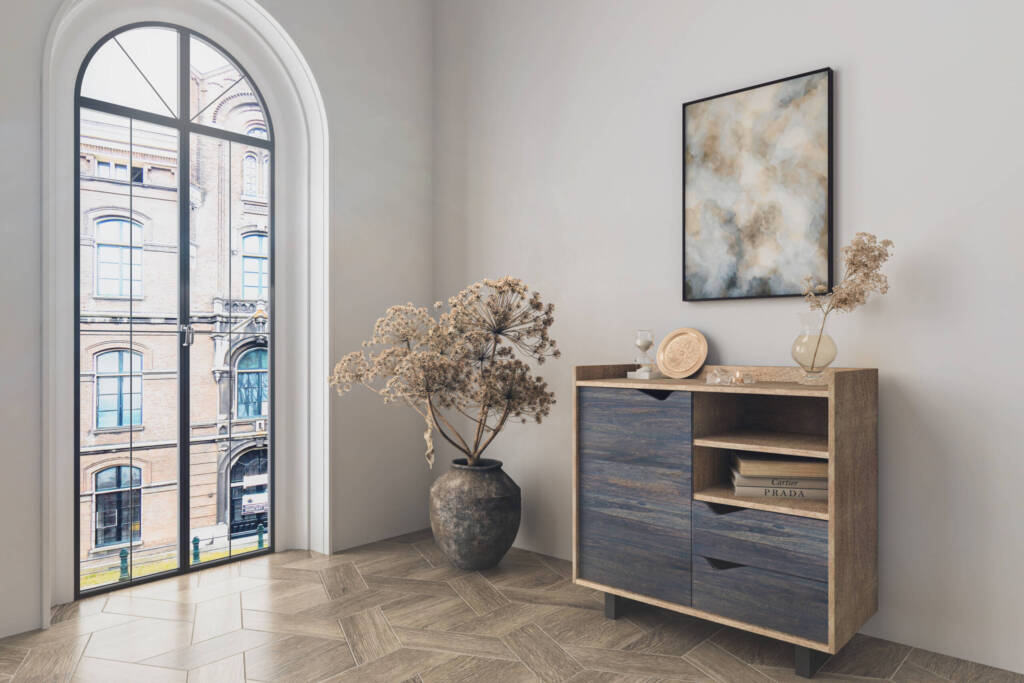 Modern Sideboard 3D Visualization of a contemporary space featuring a wooden sideboard and a vase, showcasing design and materiality.