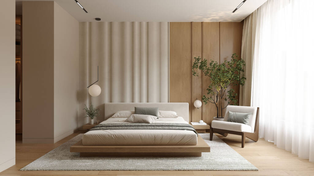 A serene Japandi-style master bedroom design featuring a bed, chair, and plants, emphasizing tranquility with a neutral color palette.