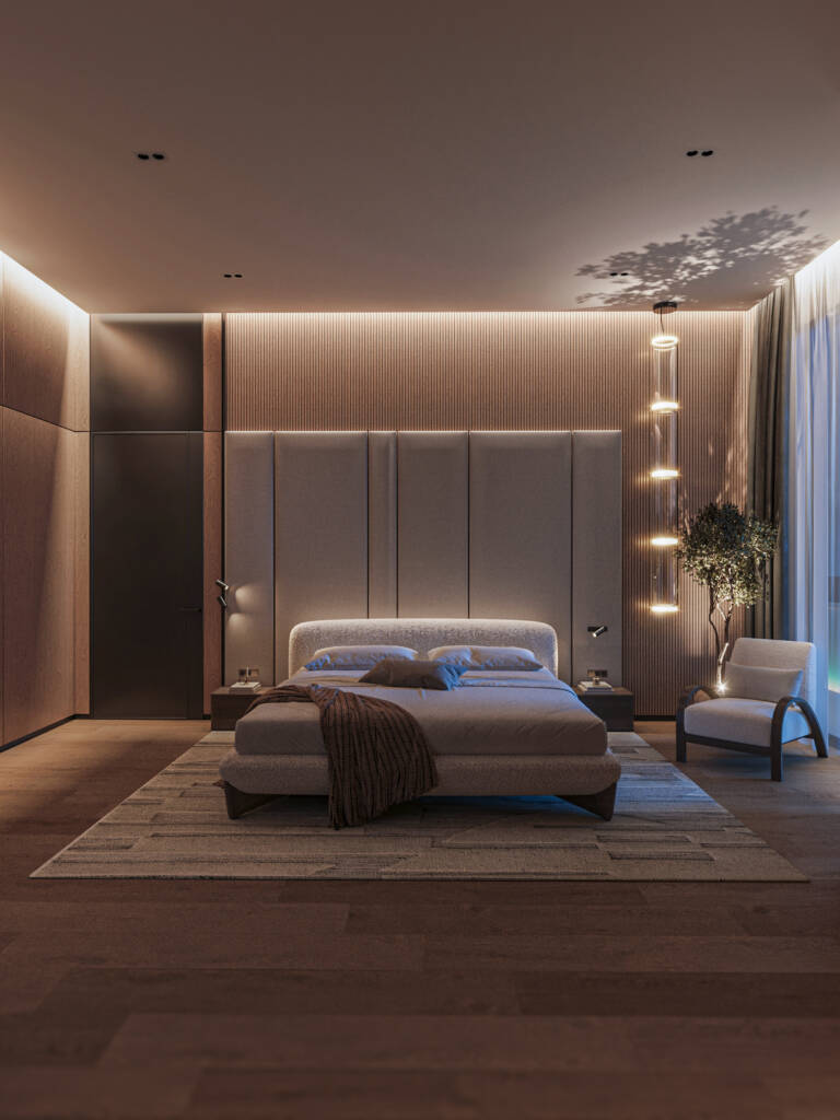 Modern bedroom with a bed, TV, and dresser, emphasizing layout and texture in a serene, elegantly designed space.
