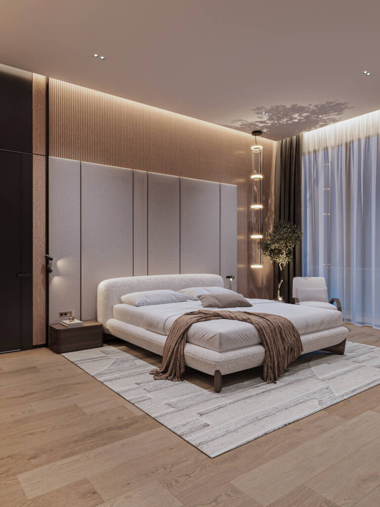 Modern bedroom with a bed, TV, and dresser, showcasing modern interior design through thoughtful layout and rich textures in a serene, elegantly styled space.