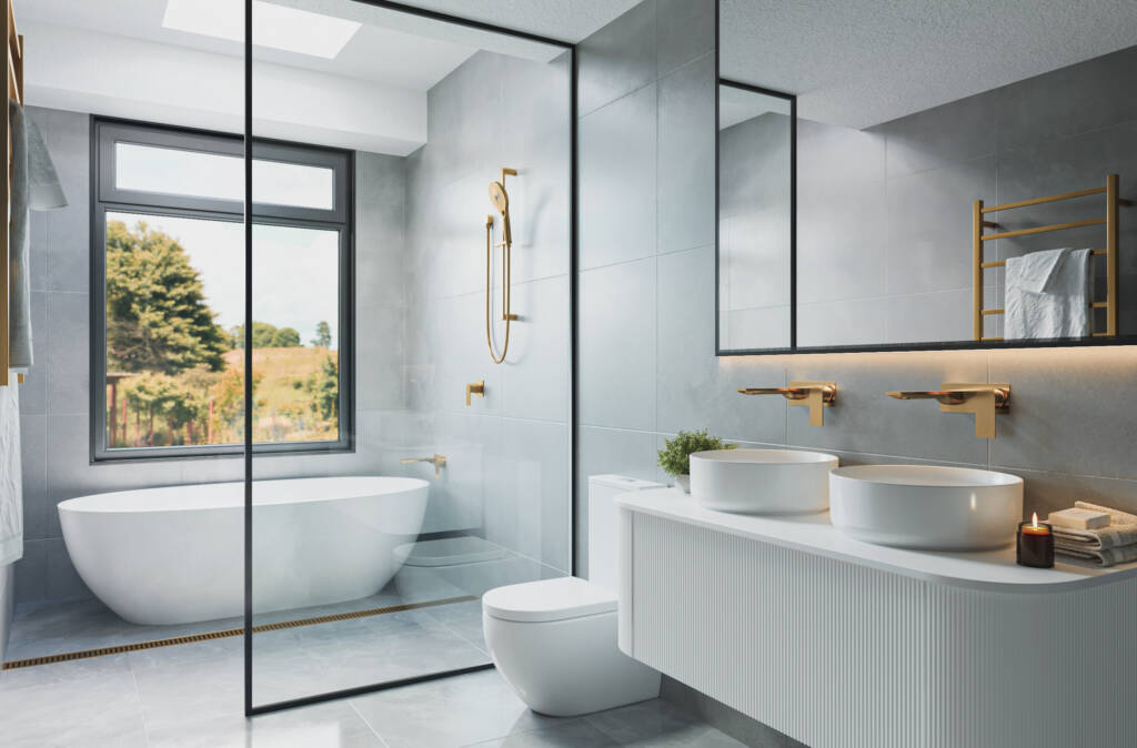 A modern bathroom 3D visualization featuring a glass shower door, freestanding tub, sleek vanity, and luxurious materials for an elegant design.