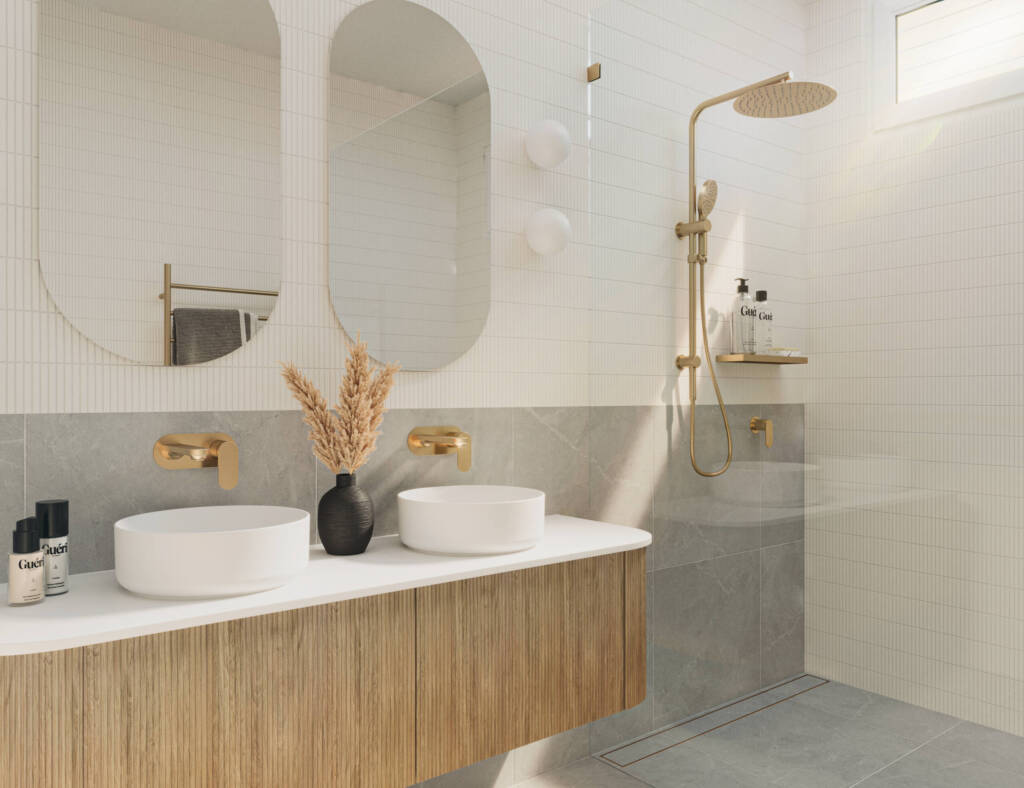 A modern bathroom featuring two sinks and a spacious shower, showcased in high-quality 3D renderings.