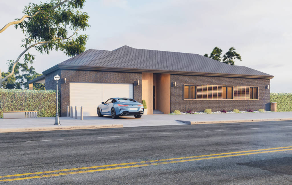 3D rendering of a modern sustainable home in New Zealand with a car parked in front, showcasing open-plan living and outdoor space.