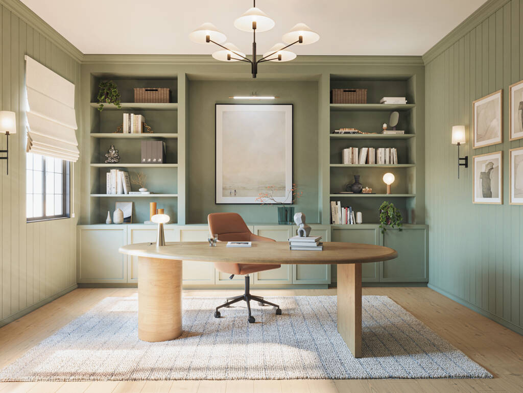A modern home office featuring green walls, wooden shelves, and a serene atmosphere for productivity and inspiration.