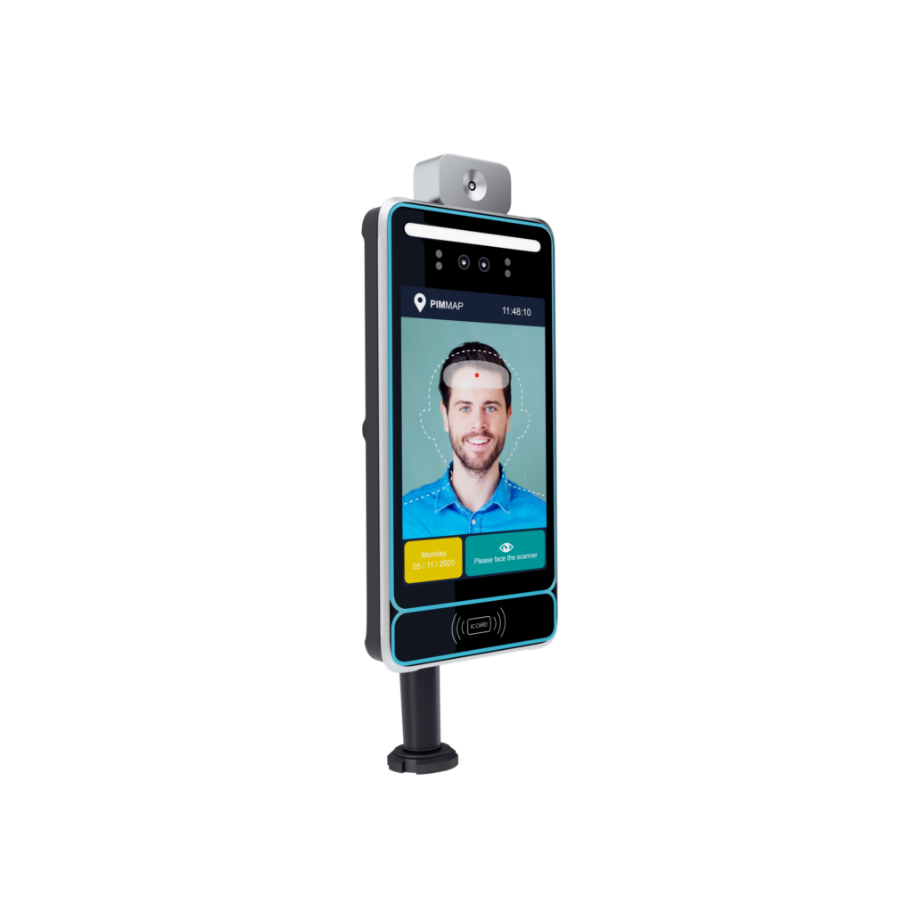 A smartphone displaying a photo of a man, part of a temperature screening device designed for safe public use.